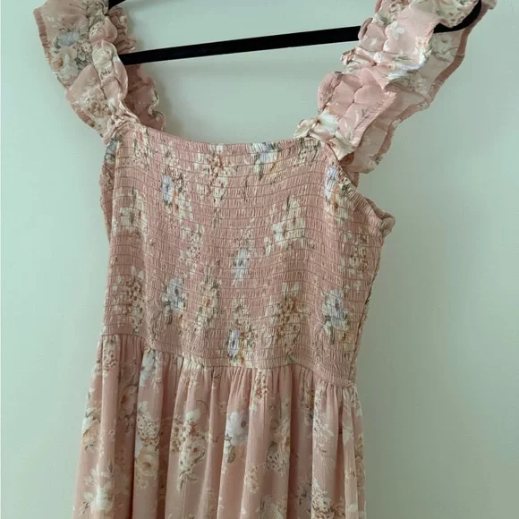 August Sky Smocked Floral Light Pink Midi Dress with Ruffle Sleeves - Picture 2 of 5